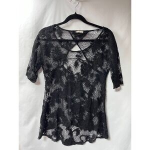 Lovely 153 Black Crochet Lace Sheer Top Short Sleeve Crisscross Back Boho Womens